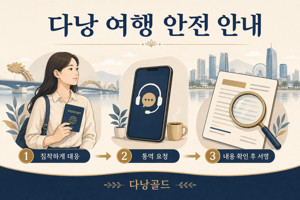 다낭 여행 중 침착한 대응, 통역 요청, 서명 전 내용 확인을 안내하는 다낭골드 일러스트