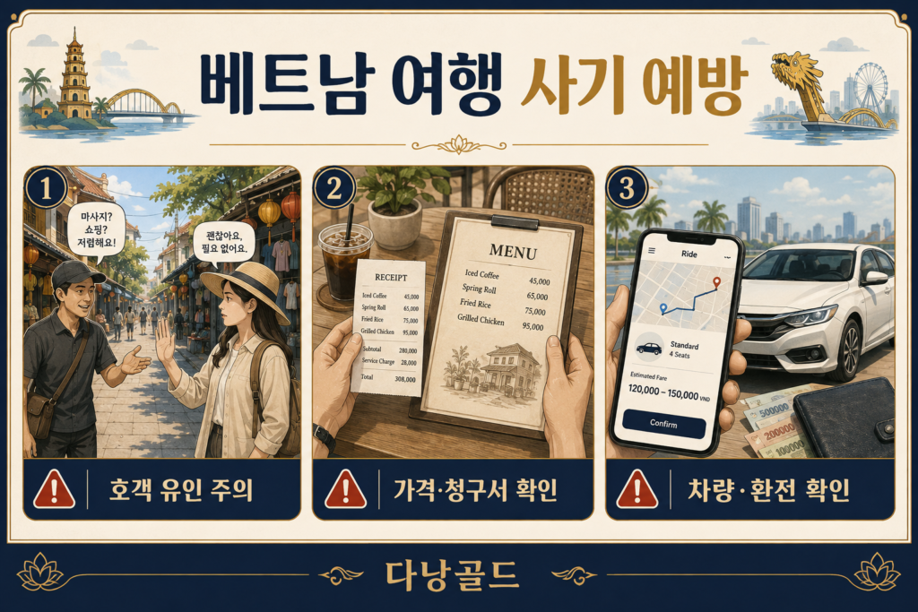 베트남 여행에서 호객 유인, 과다 청구, 차량 사칭과 환전 문제를 예방하는 다낭골드 안내 일러스트