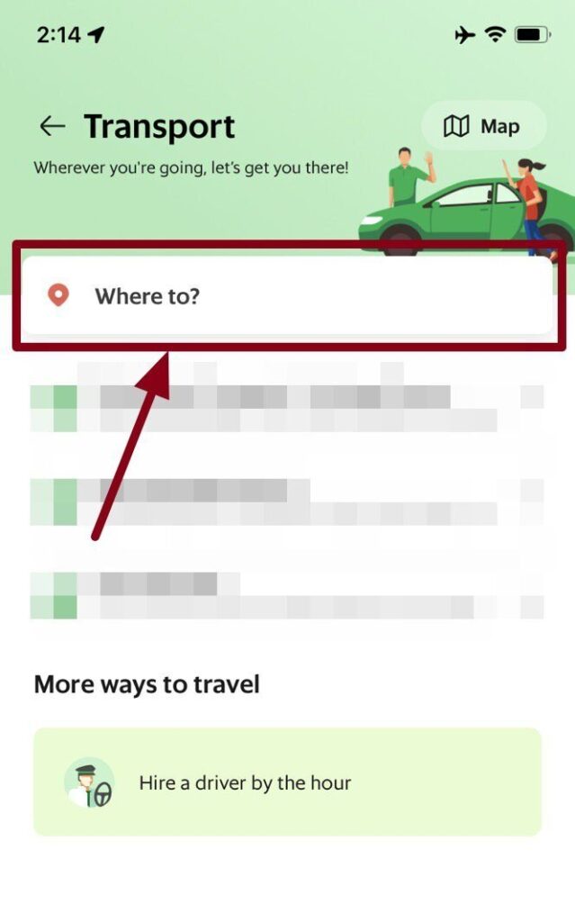 그랩 Transport 화면에서 Where to 목적지를 입력하는 위치